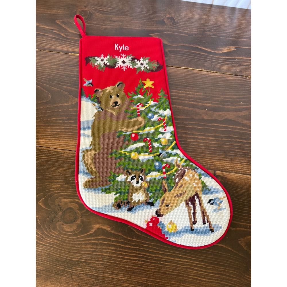 VTG Needlepoint Christmas Stocking Woodland Animals Bear Deer "Kyle" Red Velvet